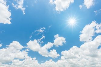 65308308 - blue sky with clouds and sun reflection. looking up view